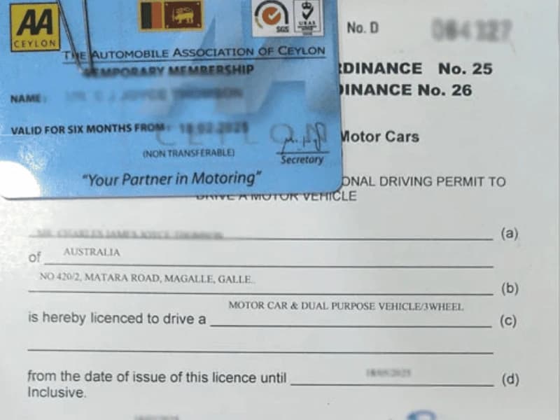 An AAC Ceylon permit and International Driving Permit for driving in Sri Lanka