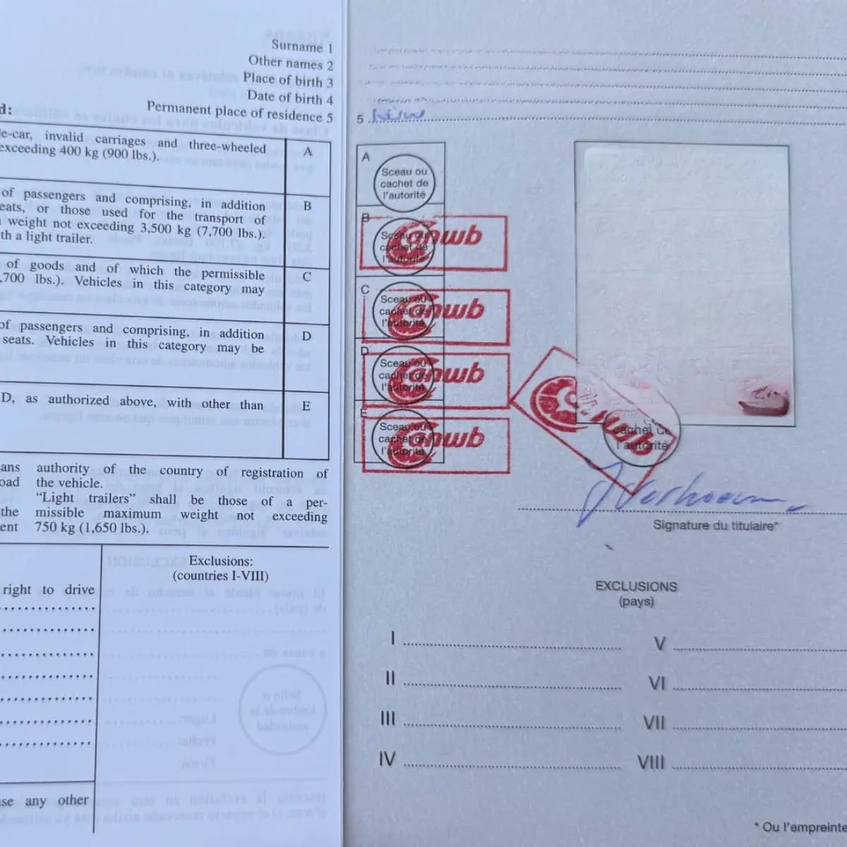 An open International Driving Permit booklet showing its vehicle-category page and issuing-authority stamps
