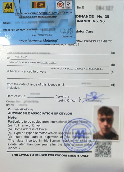 Sri Lankan driving permit with three-wheeler endorsement