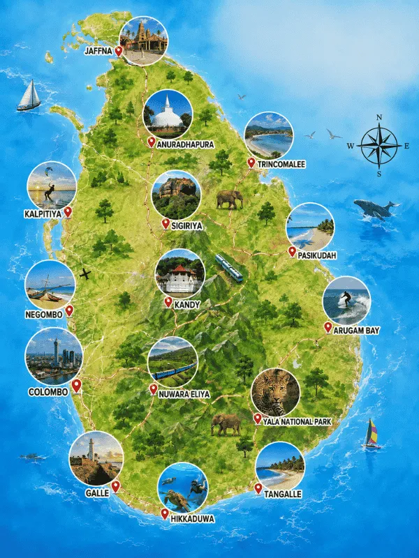 Map of NOHA bike rental collection and return locations across southern Sri Lanka